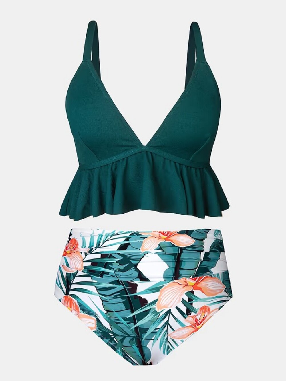 NWT Cupshe High Waisted Green and Floral Ruffled Bikini - Picture 4 of 12